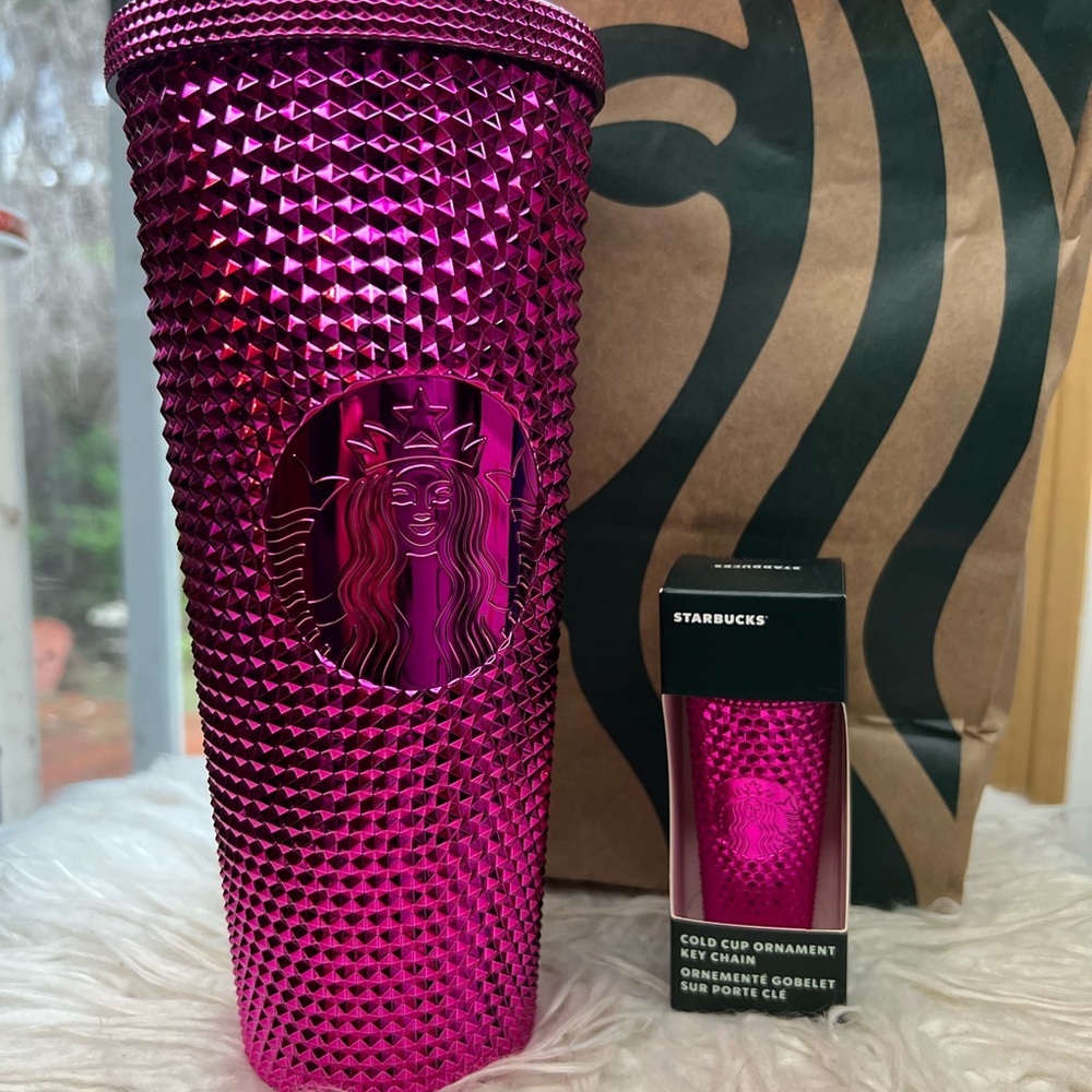 Starbucks Sangria & Gold Bling Studded Metallic Cold Tumbler 24oz & Keychain